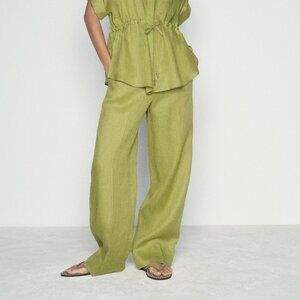 NWT ZARA 100% LINEN STRAIGHT LEG PANTS OLIVE GREEN